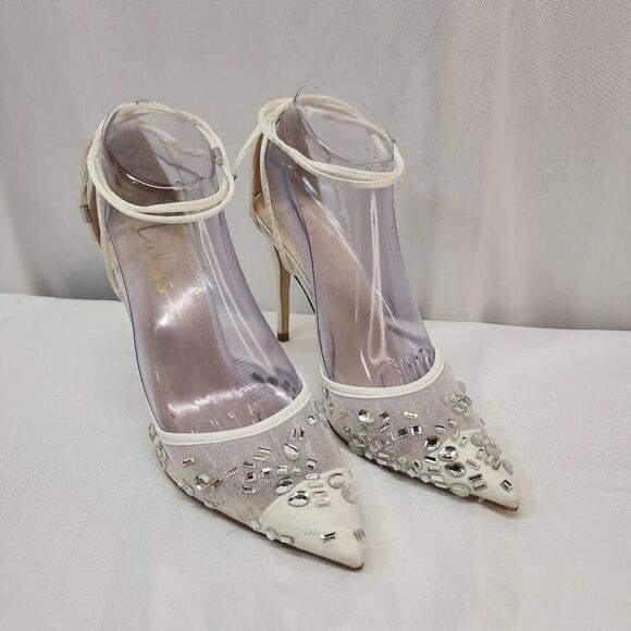 Lulu's Size 8.5 Lykana White Satin Rhinestone Lace-Up Pointed-Toe Pumps Wedding - Picture 1 of 8